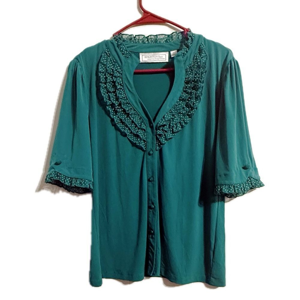 George Simonton Green Flutter‎ Sleeve Ruffled Blouse - Picture 2 of 6